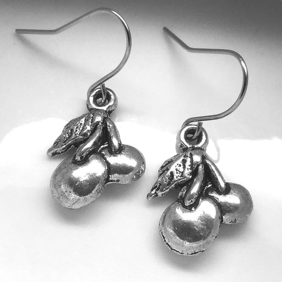 Miniature Tiny Cherries Fruit Foodie Hypoallergenic Charm Earrings - Picture 1 of 2